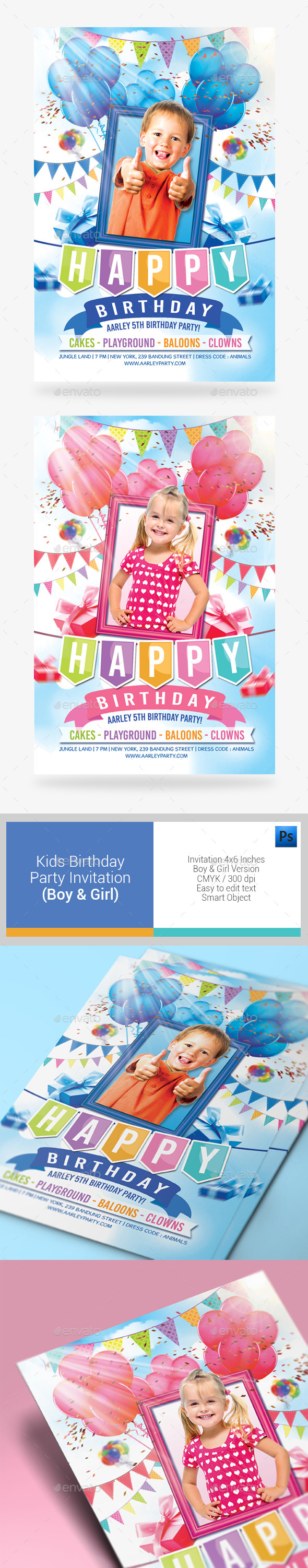 Kids Birthday Party Invitation ( Boy & Girl ) - Birthday Greeting Cards