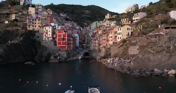 Most southern village of Cinque Terre, colorful houses, Riomaggiore; aerial alt