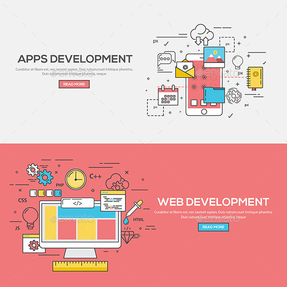 Set of Flat Line Color Banners - Web Technology