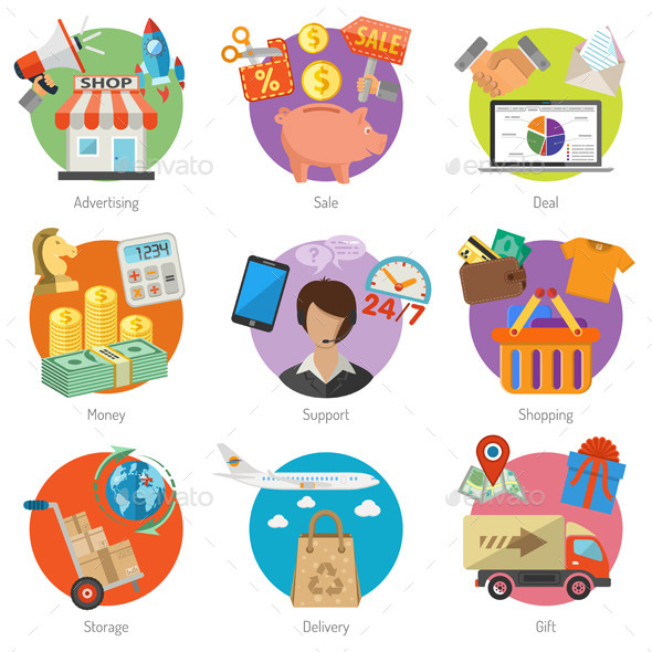Internet Shopping and Delivery Flat Icon Set Internet Shopping and Delivery Flat Icon Set