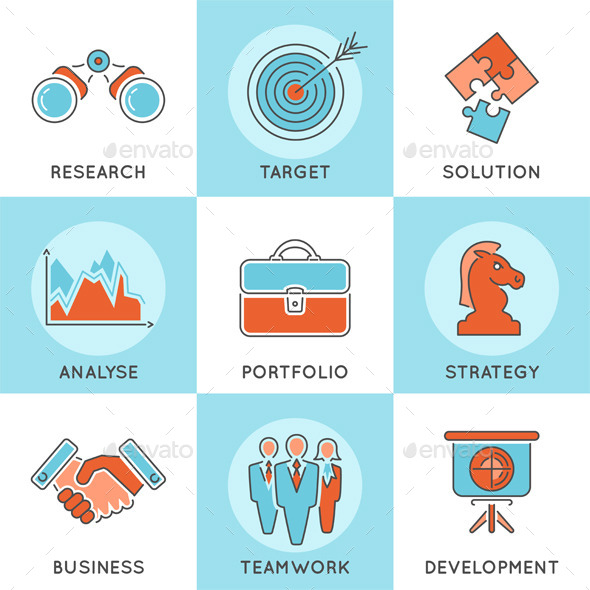 Business Strategy Thin Lines Color Web Icon Set - Concepts Business