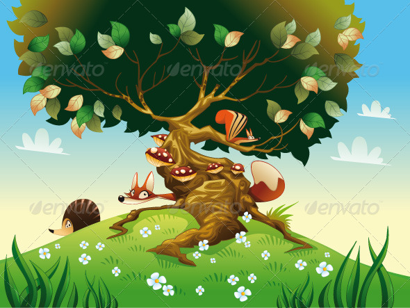 Cartoon Landscape with Animals. - Animals Characters