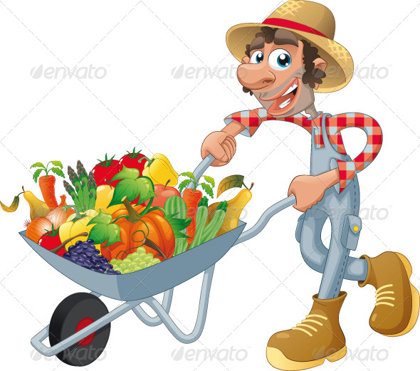 Peasant with wheelbarrow, vegetables and fruits. 