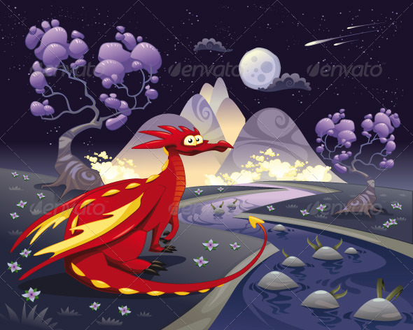 Dragon in landscape in the night. 