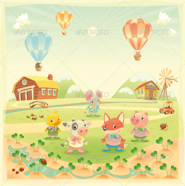 Baby farm animals in the countryside - Animals Characters