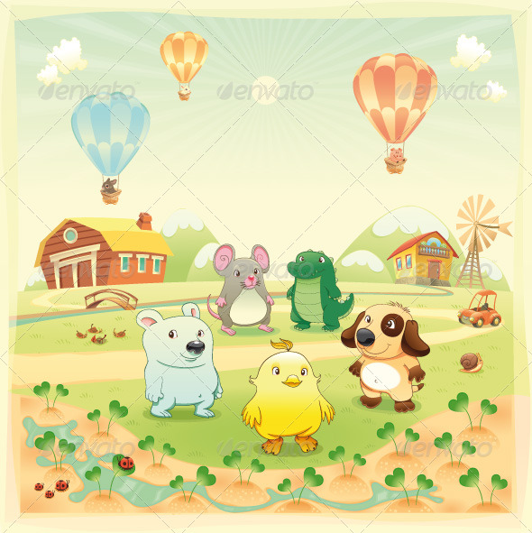 Baby farm animals in the countryside. - Animals Characters