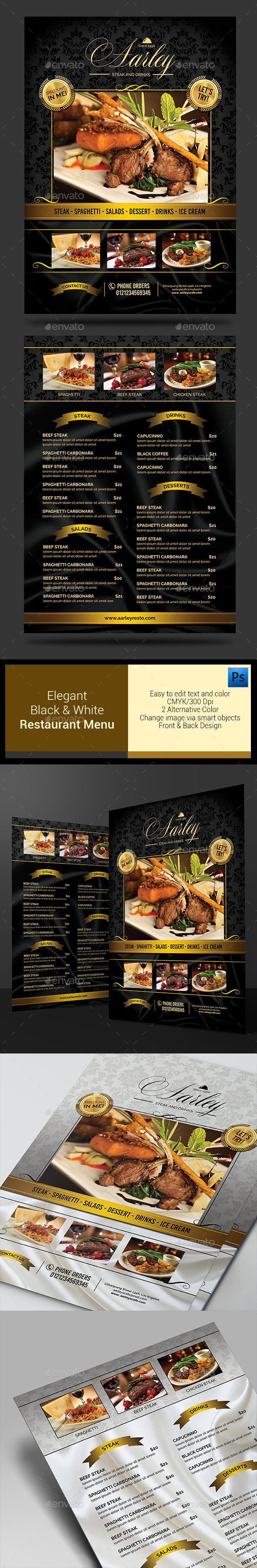 Elegant Black & White Restaurant Menu - Food Menus Print Templates