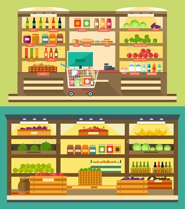 Supermarket Shelves with Food and Drink - Food Objects