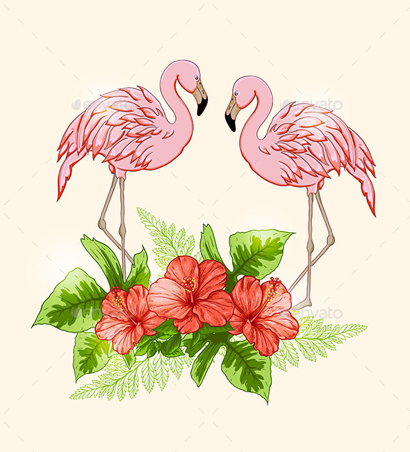 Background with Flowers and Pink Flamingo - Animals Characters