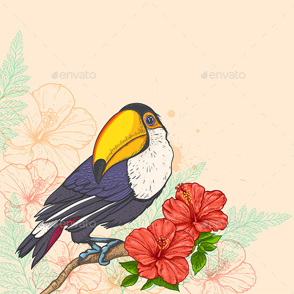 Background with Flowers and Toucan - Animals Characters