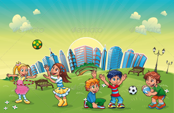 Boys and girls are playing in the park. - People Characters