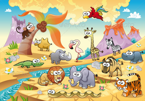 Savannah animal family with background - Animals Characters