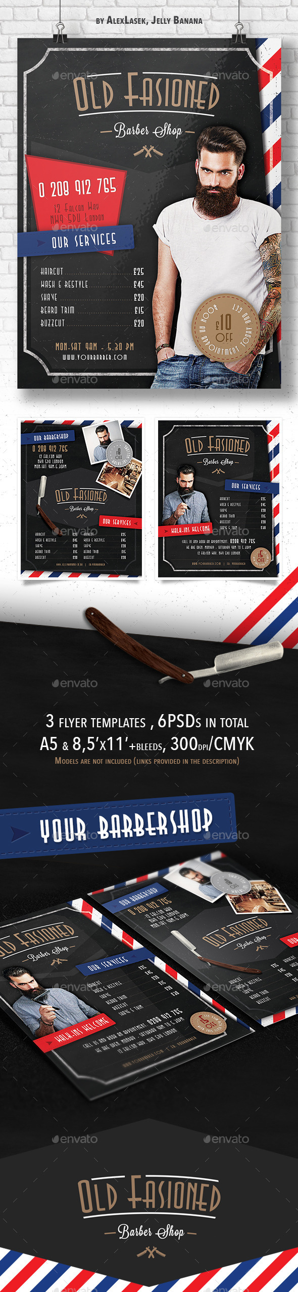3 Old Fashioned Barber Shop Flyer Templates 6PSD - Commerce Flyers