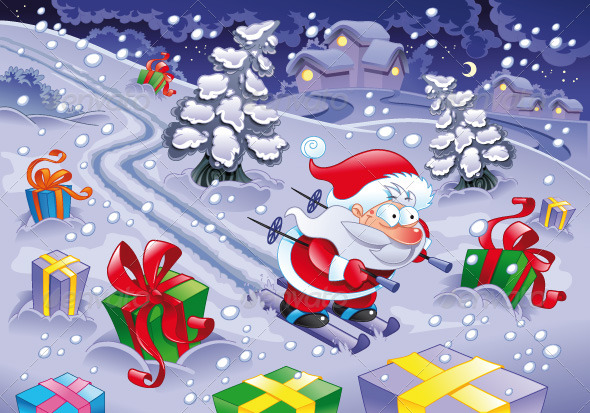 Santa Claus skiing in the night - Christmas Seasons/Holidays
