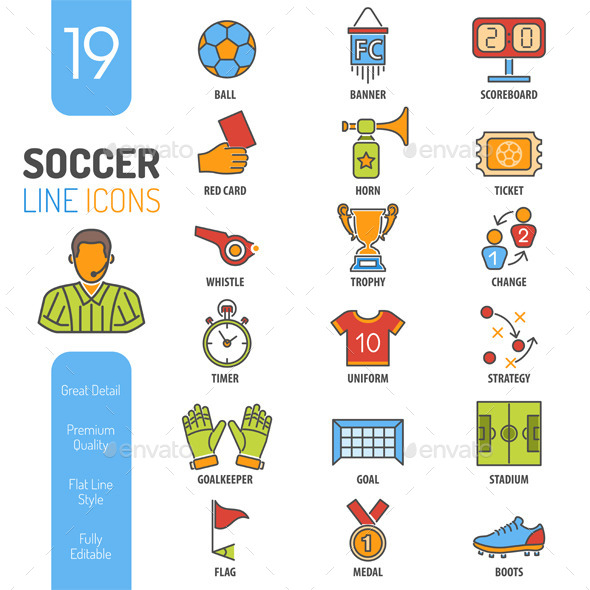 Soccer Thin Lines Color Web Icon Set - Sports/Activity Conceptual