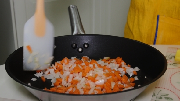 A Woman Mixes Chopped Vegetables In a Pan A Woman Mixes Chopped Vegetables In a Pan
