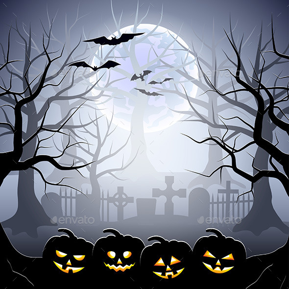 Graveyard and Pumpkins in Foggy Forest - Halloween Seasons/Holidays