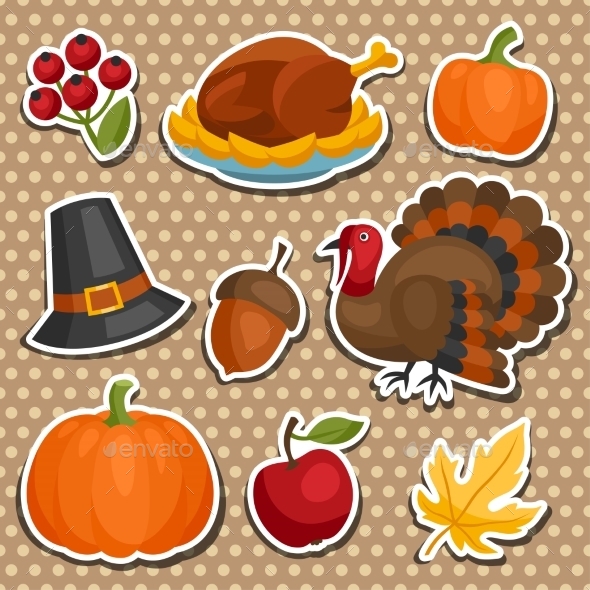 Set of Happy Thanksgiving Holiday Sticker Objects - Seasons/Holidays Conceptual