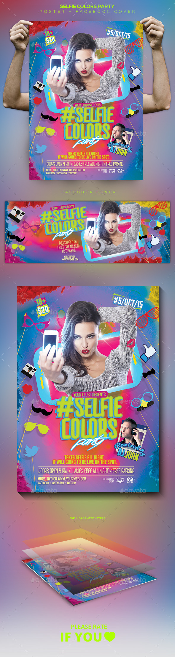 Selfie Colors Night Flyer / Poster / Facebook Cover - Clubs & Parties Events