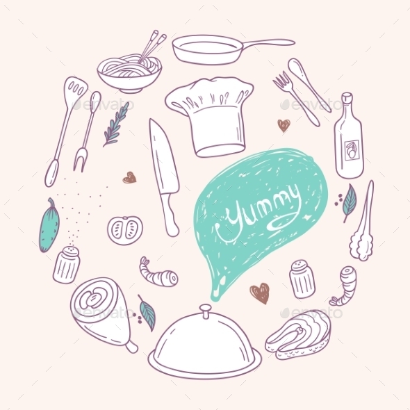 Round Illustration With Stylized Food, Hand - Food Objects