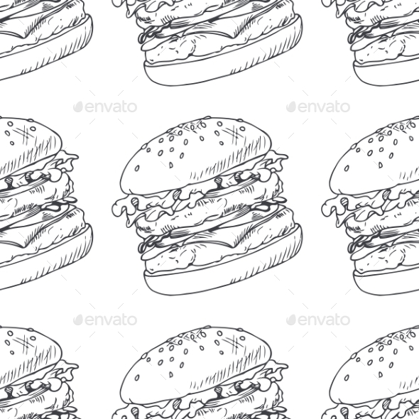 Seamless Pattern With Sketched Burger - Patterns Decorative