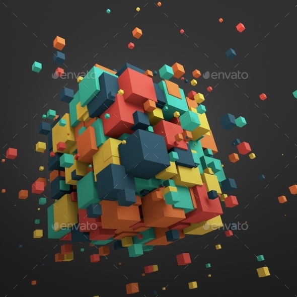 Abstract 3D Rendering Of Flying Cubes Abstract 3D Rendering Of Flying Cubes