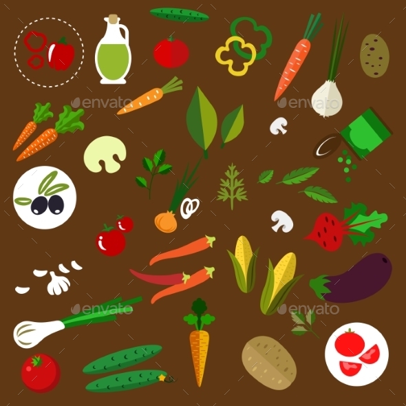 Fresh Vegetables And Herbs Flat Icons Fresh Vegetables And Herbs Flat Icons
