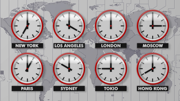 World wall clocks time zones