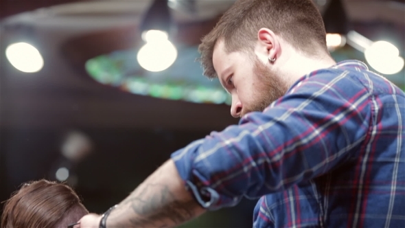 Beard Barber Making Haircut To Hipster Client Beard Barber Making Haircut To Hipster Client