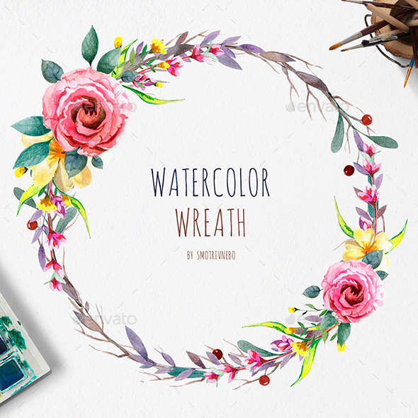 Watercolor Wreath with Flowers Foliage and Branch Watercolor Wreath with Flowers Foliage and Branch