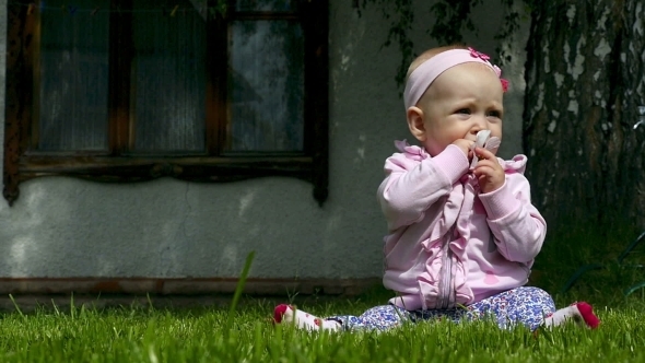 Seven Month Baby Plays On a Lawn With a Flower Seven Month Baby Plays On a Lawn With a Flower