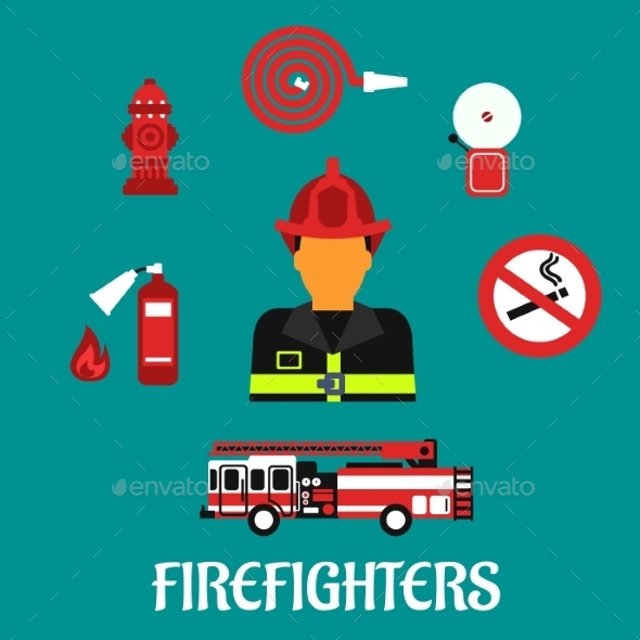 Firefighter Profession Color Flat Icons Firefighter Profession Color Flat Icons