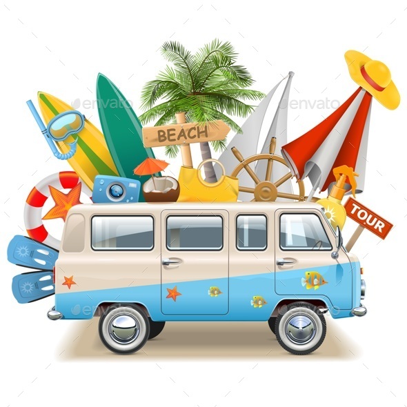 Vector Beach Concept with Bus - Sports/Activity Conceptual