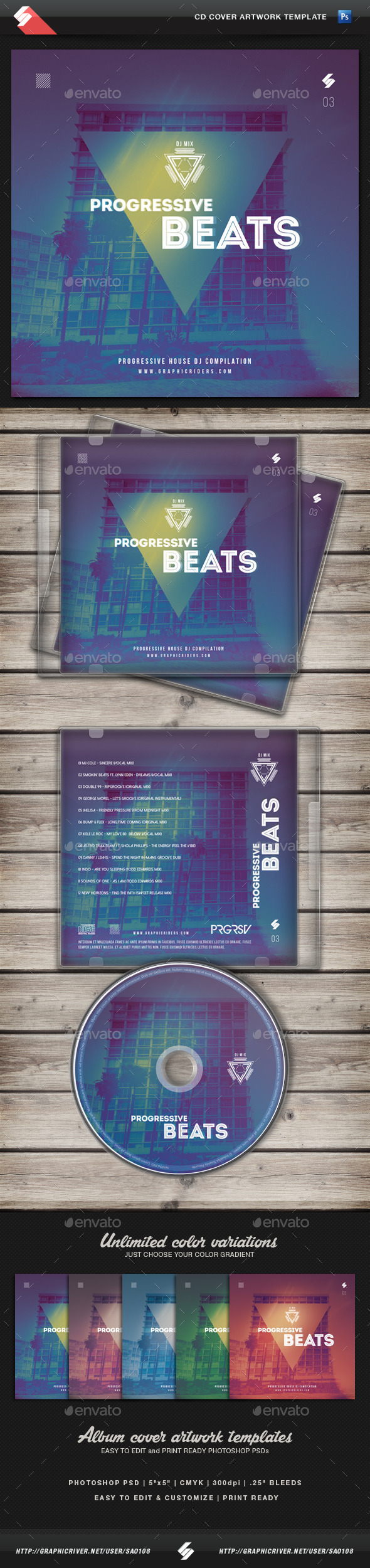 Progressive Beats vol3 - CD Cover Artwork Template - CD & DVD Artwork Print Templates