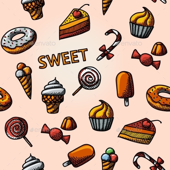 Seamless Handdrawn Pattern With Cupcakes Donuts