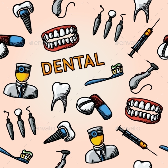 Dental Handdrawn Pattern With - Tooth, Jaw - Patterns Decorative