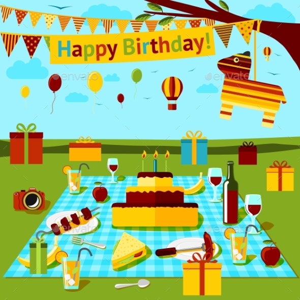 Happy Birthday Picnic Poster With Different Food - Birthdays Seasons/Holidays