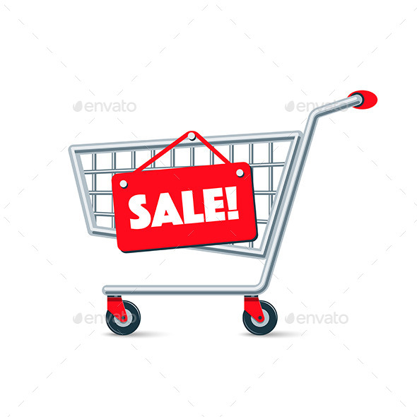 Empty Wire Shopping Cart with Red Sale Sign Board Empty Wire Shopping Cart with Red Sale Sign Board