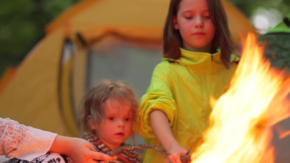 Boy And Girl Roast Marshmallows Over a Campfire