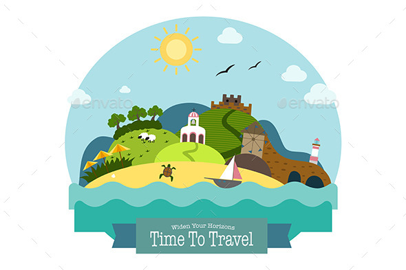 Paradise Island Landscape with Beach Hills and Church and Mill - Travel Conceptual