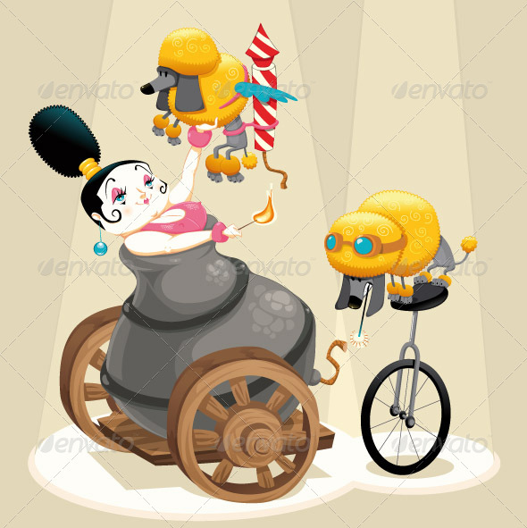 Woman with cannon and dachshunds in the circus.