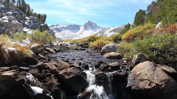 Beautiful Mountain Stream With Snowy Mountain Peak