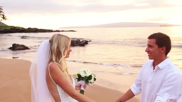 Happy Romantic Bride And Groom, Sunset Wedding On Tropical Beach, Hd Video 11