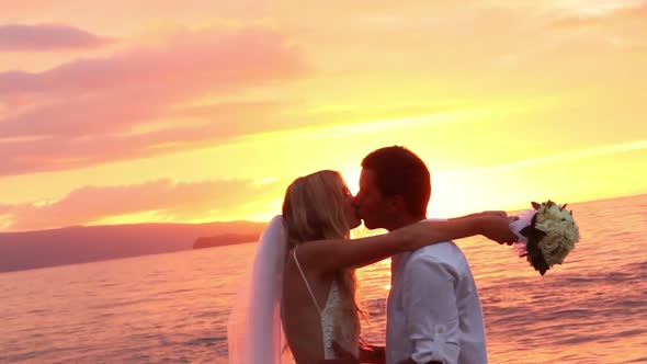 Happy Romantic Bride And Groom, Sunset Wedding On Tropical Beach, Hd Video 13