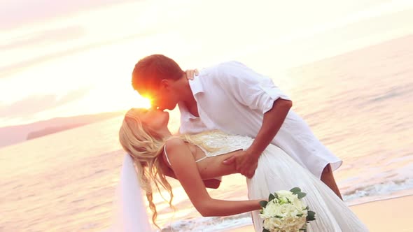 Happy Romantic Bride And Groom, Sunset Wedding On Tropical Beach, Hd Video 14