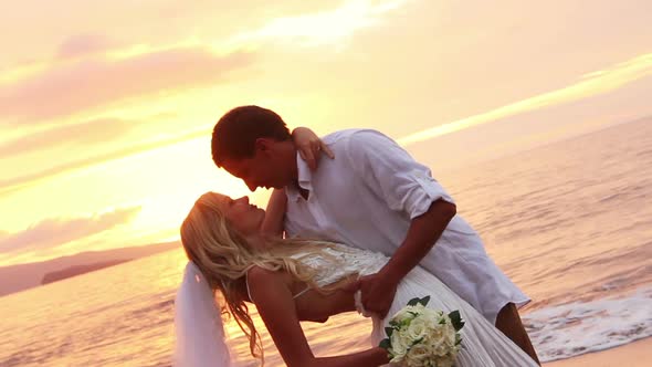 Happy Romantic Bride And Groom, Sunset Wedding On Tropical Beach, Hd Video 16