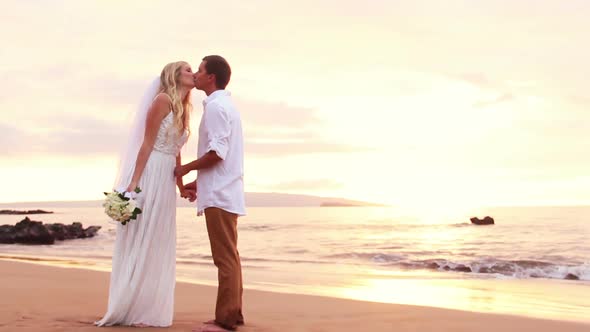 Happy Romantic Bride And Groom, Sunset Wedding On Tropical Beach, Hd Video 17