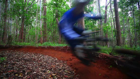 Mountain Bikers Race Down Trail In Forest