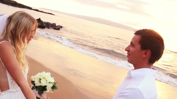 Happy Romantic Bride And Groom, Sunset Wedding On Tropical Beach, Hd Video 4