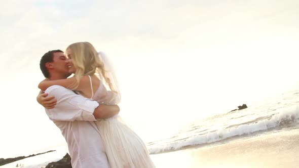 Happy Romantic Bride And Groom, Sunset Wedding On Tropical Beach, Hd Video 5